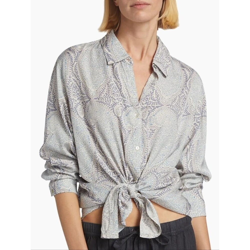 Splendid Mackenzie Printed Button-Front Blouse White Blue Paisley Small